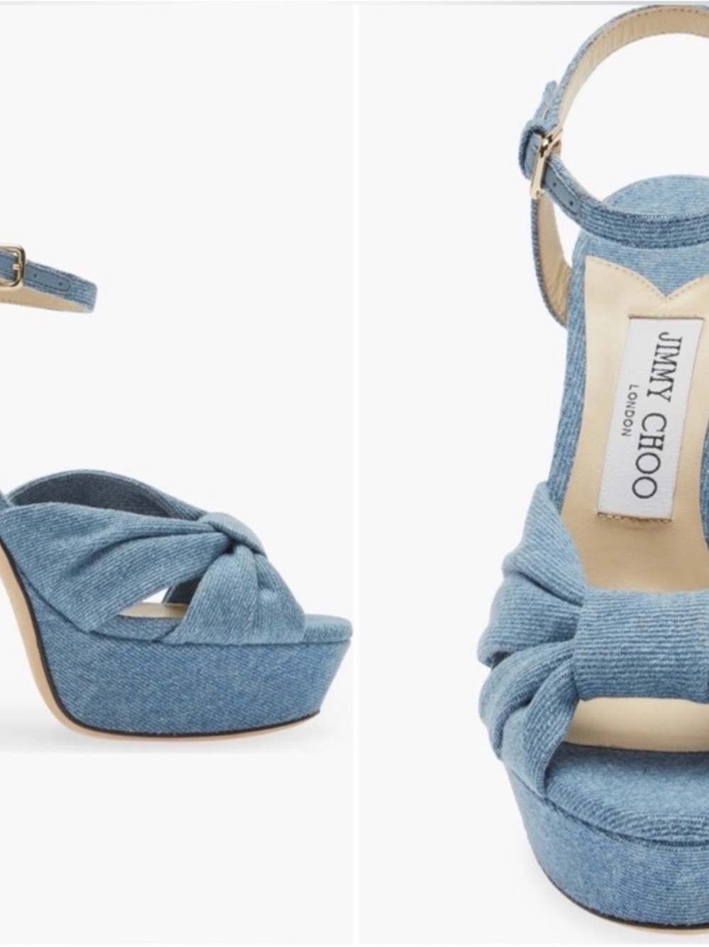 JIMMY CHOO Heloise 120 Knotted
Denim Platform Heels